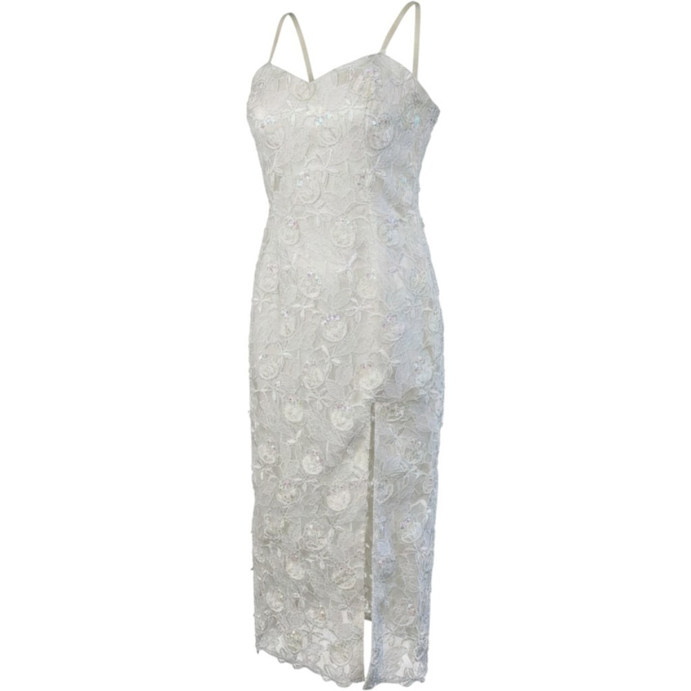 Vintage White Floral Lace Sequin Midi Dress Sweetheart Neckline Side Slit 53061